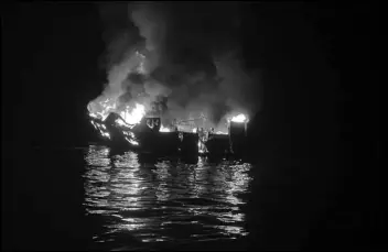  ?? ASSOCIATED PRESS FILES ?? The dive boat Conception is engulfed in flames after a fire broke out aboard the commercial scuba diving vessel off the Southern California Coast in November, killing 34 people in one of the state’s deadliest maritime disasters. The crew aboard the boat had not been trained on emergency procedures beforehand, according to federal documents released Wednesday.