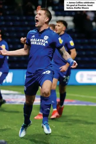  ?? ?? > James Collins celebrates his goal at Preston. Inset below, Kieffer Moore