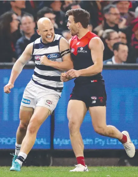  ?? Picture: GETTY IMAGES ?? Geelong’s Gary Ablett and Melbourne’s Jack Viney battle it out on the pitch last season.