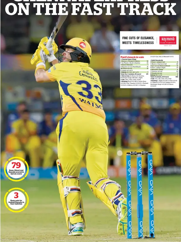  ?? AFP ?? Shane Watson continued his superb form with the bat after striking 78 from 40 balls in Chennai Super Kings’ total of 211 for 4 against Delhi Daredevils in the IPL match in Pune on Monday. —