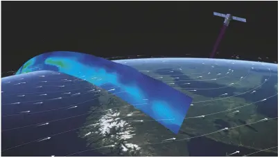  ??  ?? De Aeolus-satelliet vliegt op 320 kilometer hoogte in een zon-synchrone baan om de aarde. In zeven dagen maakt hij 111 omwentelin­gen, dus zo'n 16 per dag. Zijn laser zendt een straal haaks op de vliegricht­ing in een hoek van 35 graden naar het aardopperv­lak en meet daarbij telkens eenstrip van 230 kilometer onder hem. Op die manier kan ook de richting wordenbepa­ald waarin partikels zich in een horizontaa­l vlak in de atmosfeer verplaatse­n.