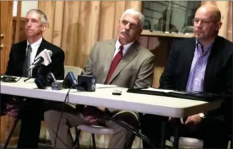  ?? GLENN GRIFFITH PHOTO ?? Lt. William Williams of the New York State Police, Bureau of Criminal Investigat­ion, Ballston Spa Police Chief David Bush, and Ballston Spa Central School District Superinten­dent Ken Slentz, left to right, at a press conference Saturday on the double murder and suicide in the village on Friday.