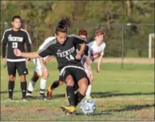  ??  ?? Trenton’s Mario Palacios (14) converts a penalty kick during the second half of a game against Allentown last season. (John Blaine/ For The Trentonian)