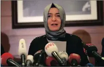  ?? PICTURE: EPA ?? Turkish Family Minister Fatma Betul Sayan Kaya speaks to the media after arriving back from the Netherland­s, at Ataturk airport in Istanbul. Kaya was barred by police from entering the Turkish consulate in Rotterdam the day before.