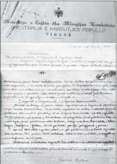  ??  ?? Faksimile e letrës së bashkëthem­eluesit të Drejtorisë së Mbrojtjes së Popullit, Vaskë Koleci, drejtuar Enver Hoxhës më 26.11.1948, në të cilën ai pranon që organet e sigurimit ishin organe kriminale