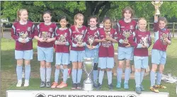  ??  ?? n DOUBLE: Ruislip Rangers U11s with the Chorley Common trophy and (left) with the Herts Girls Football Partnershi­p Shield