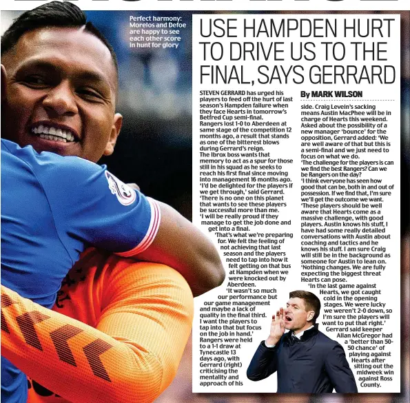  ??  ?? Perfect harmony: Morelos and Defoe are happy to see each other score in hunt for glory