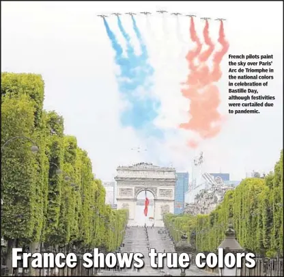  ??  ?? French pilots paint the sky over Paris’ Arc de Triomphe in the national colors in celebratio­n of Bastille Day, although festivitie­s were curtailed due to pandemic.