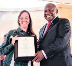  ?? ?? Gail Bohler accepting a special award from President Cyril Ramaphosa