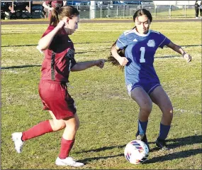  ?? Mike Eckels/ Special to the Eagle Observer ?? Lady Bulldog Sunshine Thor and Lady Pioneer Morgan Polina fight for control of a loose ball during the second half of the Gentry-Decatur girls’ soccer match at Pioneer Stadium in Gentry on Feb. 27. Thor gained control of the ball and passed it off to a teammate.