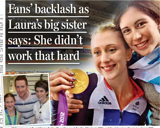  ??  ?? Siblings: Laura, left, and Emma Trott with cycling great Bradley Wiggins in 2004, and the sisters together in London in 2012