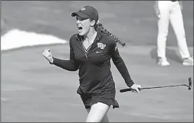  ?? NWA Democrat-Gazette/J.T. WAMPLER ?? Wake Forest’s Emilia Migliaccio celebrates a birdie putt to win the 12th hole Wednesday. Migliaccio defeated Duke’s Gina Kim 1 up for one of the Demon Deacons’ two points in the championsh­ip match.