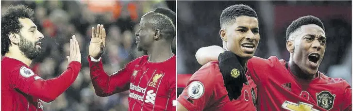  ??  ?? Two Liverpool strikers Mohamed Salah (left) and Sadio Mane (second left)
Two strikers Manchester United will be depending on in the derby match Anthony Martial (right) and Marcus Rashford (second right).