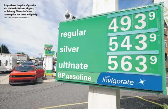  ?? SAUL LOEB/AFP VIA GETTY IMAGES ?? A sign shows the price of gasoline at a station in McLean, Virginia, on Saturday. The nation’s fuel consumptio­n has taken a slight dip.