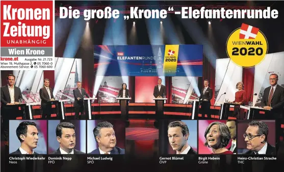  ?? Neos
FPÖ
SPÖ
ÖVP
Grüne
THC ?? Christoph Wiederkehr Dominik Nepp Michael Ludwig Gernot Blümel Birgit Hebein Heinz-Christian Strache