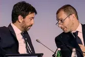  ?? ANSA ?? Ora “nemici” Andrea Agnelli e Aleksander Ceferin in un congresso Uefa a Roma del novembre 2019