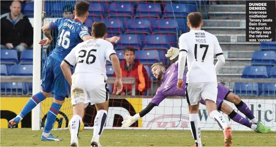  ??  ?? DUNDEE DENIED: Inverness midfielder Tansey beats Bain from the spot but Hartley says the referee was ‘conned’