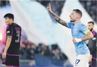  ?? Picture: Getty Images ?? ON TARGET. Lazio’s Ciro Immobile celebrates after scoring a goal in the first leg of their Champions League last16 clash against Bayern Munich at the Stadio Olimpico in Rome.
