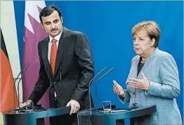  ?? SEAN GALLUP/GETTY ?? Sheikh Tamim bin Hamad Al Thani and Chancellor Angela Merkel meet Friday in Berlin.