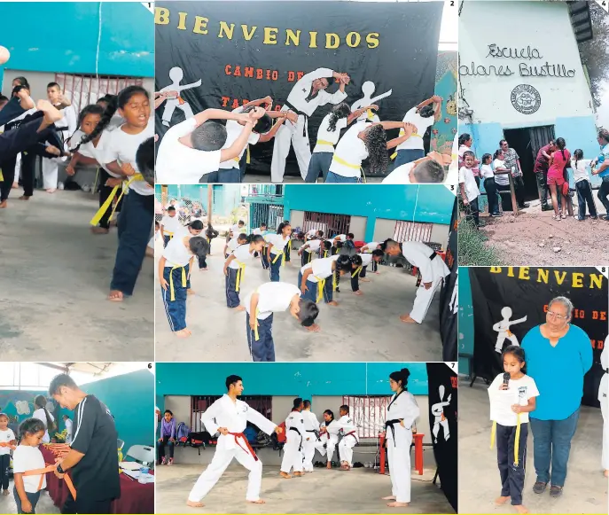  ?? FOTOS: EFRAÍN SALGADO PARA VER LA GALERÍA COMPLETA www.elheraldo.hn ?? Master Young impone la nueva cinta a los niños que pasaron a otro nivel. Alumnos que ya se graduaron y que ya tienen cinta negra son instructor­es. La directora del centro acompaña a leer su ensayo a una alumna. El respeto, los valores y el saludo es fundamenta­l en este deporte. El Centro Dolores Bustillo fue el piloto para implementa­r el programa. En el examen, ellos deben aplicar sus técnicas y hasta romper tablas.