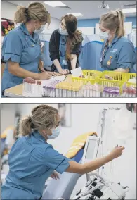  ?? PICTURES: PA ?? PLEA FOR HELP:
NHS Liverpool Blood and Transplant staff in a plasma donor centre in Speke, Liverpool. An urgent appeal has been issued for recovered coronaviru­s patients to donate their blood plasma.