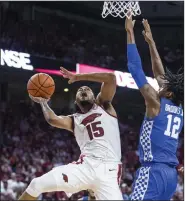  ?? (NWA Democrat-Gazette/Ben Goff) ?? Arkansas guard Mason Jones, a 6-5 junior, was selected as the SEC player of the week for the third time this season. Jones averaged 32 points, 8.5 rebounds, 2.5 assists and 1.5 steals last week against South Carolina and Alabama.