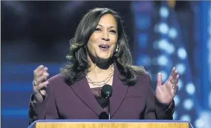  ?? CAROLYN KASTER — THE ASSOCIATED PRESS ?? Democratic vice presidenti­al candidate Sen. Kamala Harris, D-Calif., speaks Wednesday during the Democratic National Convention at the Chase Center in Wilmington, Del.