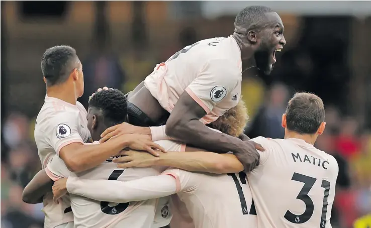  ?? Photo: Zimbio ?? Romelu Lukaku of Manchester United celebrates with teammates after scoring against Watford during the English Premier League at Vicarage Road in Watford, United Kingdom on September 15, 2018.