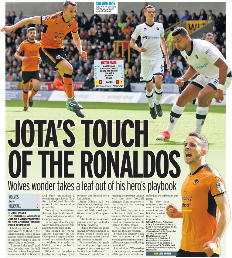  ??  ?? GOLDEN BOY Jota lets fly to score the Wolves winner against Millwall