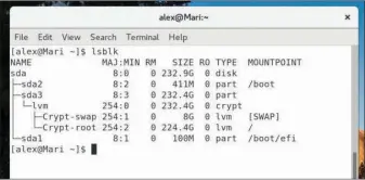  ??  ?? A partition tree viewed with lsblk. Note that the encrypted partition / dev/sda3 is host to the LVM partitions that are mounted to the root directory (/) and swap, while the boot partition (/dev/sda2) is unencrypte­d