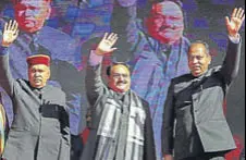  ??  ?? From left: Former HP CM Prem Kumar Dhumal, Union health minister JP Nadda and HP CM Jai Ram Thakur during the BJP’S Panna Pramukh Sammelan in Solan on Sunday.