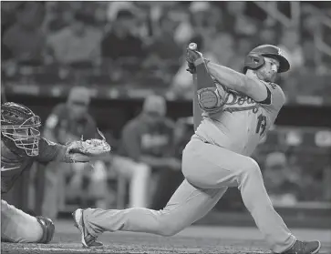  ?? Michael Laughlin Associated Press ?? THE DODGERS’ MAX MUNCY strikes out during the fourth inning against Miami Marlins pitcher Sandy Alcantara, who tossed his fourth complete game of what’s a likely Cy Young Award-worthy season.