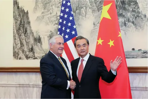  ??  ?? Chinese Foreign Minister Wang Yi shakes hands with US Secretary of State Rex Tillerson in Beijing on Saturday. (Reuters)