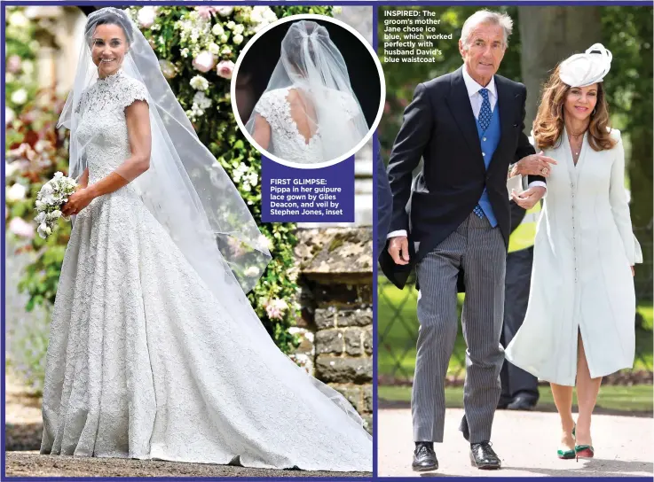  ??  ?? FIRST GLIMPSE: Pippa in her guipure lace gown by Giles Deacon, and veil by Stephen Jones, inset INSPIRED: The groom’s mother Jane chose ice blue, which worked perfectly with husband David’s blue waistcoat