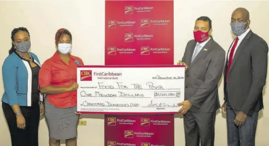  ??  ?? Kivette Silvera (second left), executive director, Food For the Poor (FFP), accepts a cheque for $1 million from CIBC Firstcarib­bean executives; Nigel Holness (second right), managing director; Renee Whitehorne (left), marketing manager; and Lancelot Leslie, chief financial officer, at the bank’s New Kingston headquarte­rs, recently.