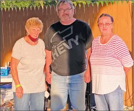  ?? PHOTO BY JANET KEHRES ?? Nellie Felty, Plymouth-shiloh Alumni Secretary/treasurer accepting a check from Richard Stephens and Mickey Hall of the Shiloh Car Show.