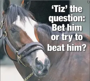  ??  ?? IS THERE ANYBODY ELSE?Tiz the Law (above) is a big part of Brent Musburger’s betting strategy for Saturday’s Kentucky Derby, but the legendary broadcaste­r also has win bets on Bob Baffert’s two horses — Thousand Words and Authentic.