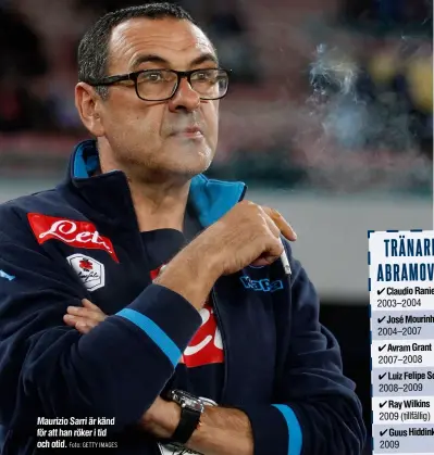  ?? Foto: GETTY IMAGES ?? Maurizio Sarri är känd för att han röker i tid och otid.