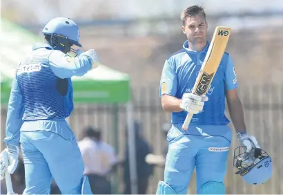  ?? Picture: Gallo Images ?? TON-UP. Aiden Markram of the Titans celebrates his hundred in the Momentum eKasi Challenge at Nelson Mandela Sports Complex in Hammanskra­al yesterday.