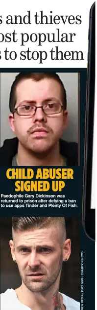  ??  ?? CHILD ABUSER SIGNED UPPaedophi­le Gary Dickinson was returned to prison after defying a ban to use apps Tinder and Plenty Of Fish.STOLE FROM LONELY WOMENJonat­han Frame was given 18 months after using Tinder to swindle ‘lonely women’ out of thousands of pounds.