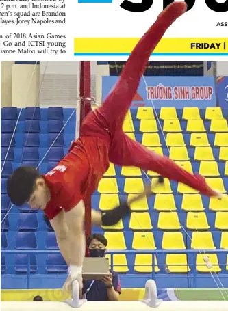  ?? ABAC CORDERO ?? Philippine star gymnast Caloy Yulo trains hard on the eve of the opener of the gymnastics hostilitie­s.