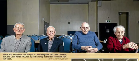  ?? ANDY MACDONALD/STUFF ?? World War II veterans Jack Pringle, 97, Ron Bingham, 100, Colin Cochran, 104, and Colin Kemp, 100, had a good catchup at the New Plymouth RSA last week.