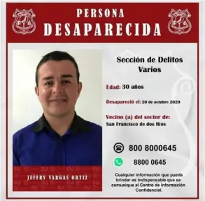  ?? OIJ Para ln ?? Jeffry Vargas desapareci­ó el 20 de octubre. El OIJ pide llamar al 8008000-645 o al Whatsapp 8880-0645 para dar informació­n.