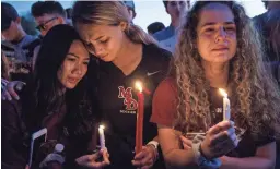  ??  ?? Students mourn during a candleligh­t vigil on Feb. 15, 2018, after a shooting at Marjory Stoneman Douglas High School that left 17 people dead. A year later, the survivors are rebuilding their lives. DOROTHY EDWARDS/NAPLES DAILY NEWS
