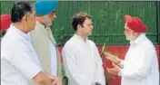  ??  ?? ■ Amrik Singh Dhillon (R) talks to Congress president Rahul Gandhi as (from left) Rakesh Pandey and Randeep Singh Nabha look on, in New Delhi on Tuesday. HT PHOTO