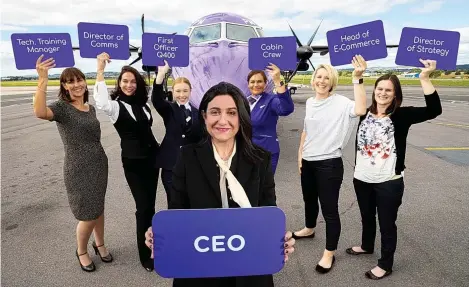  ??  ?? Christine Ourmières-Widener, CEO of Flybe, launches the new FlyShe programme with just some of her female colleagues