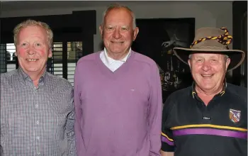  ??  ?? John Quigley from Rathnure with Kilrane duo John Long and John Devlin at the ClubWexfor­d pre-match dinner in the Talbot Hotel on Saturday.