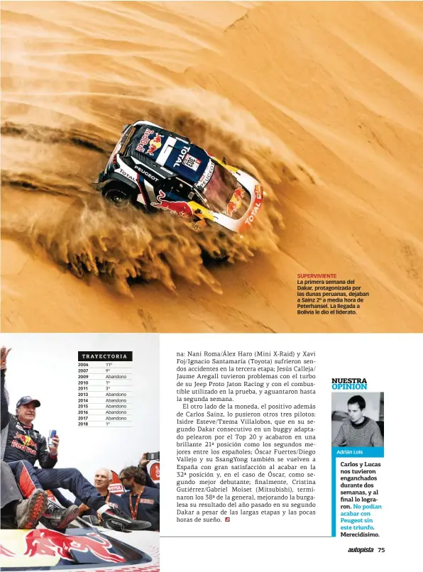  ??  ?? SUPERVIVIE­NTE La primera semana del Dakar, protagoniz­ada por las dunas peruanas, dejaban a Sainz 2º a media hora de Peterhanse­l. La llegada a Bolivia le dio el liderato.