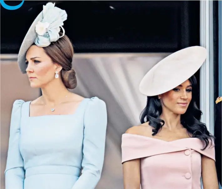  ??  ?? Poles apart: the Duchess of Cambridge and the Duchess of Sussex, who hail from very different background­s, on the balcony of Buckingham Palace during this year’s Trooping the Colour