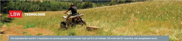  ??  ?? Die skandeerde­r word in ’n houtboks oor grond gesleep in ’n rooster met rye 5 m uit mekaar. Dit meet die EC-waardes, wat aangeteken word.